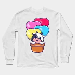 Cute cow flying with love balloon cartoon Long Sleeve T-Shirt